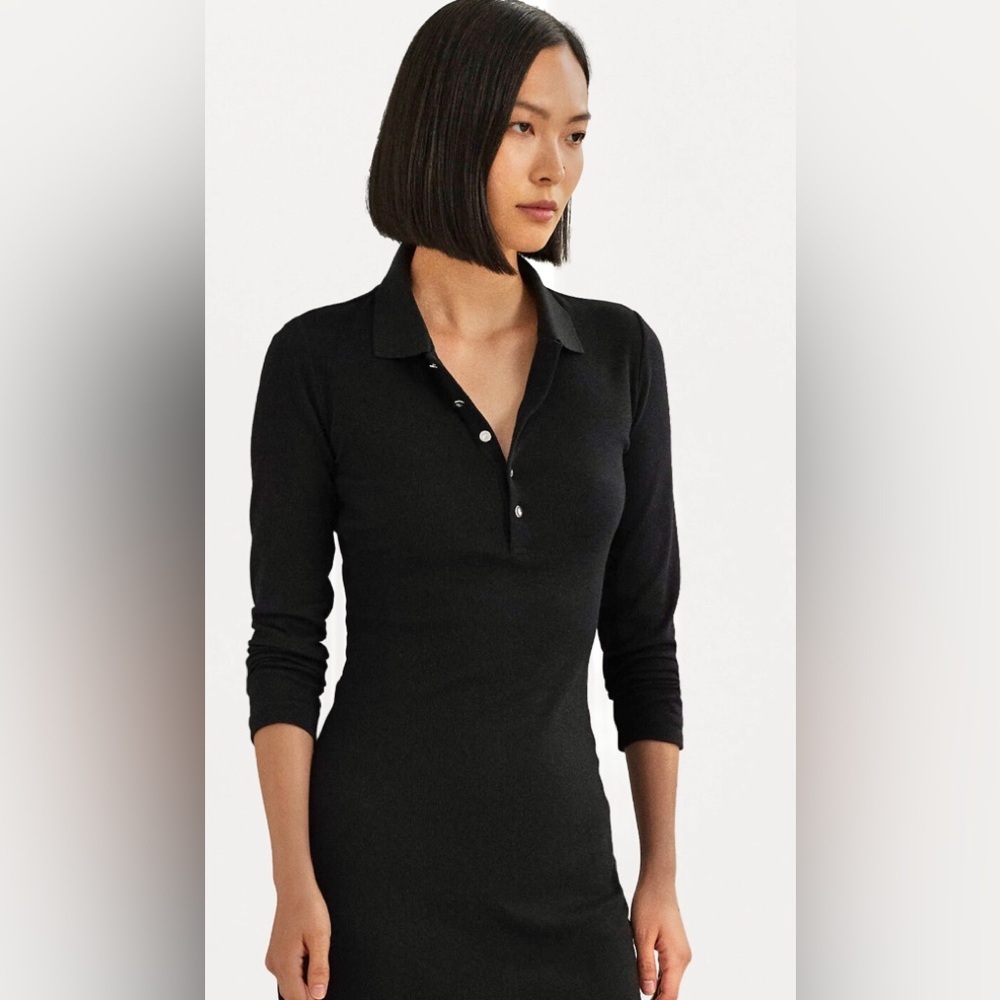 Lauren Ralph Lauren black Rib knit long sleeve Polo Dress size small‎ petite new